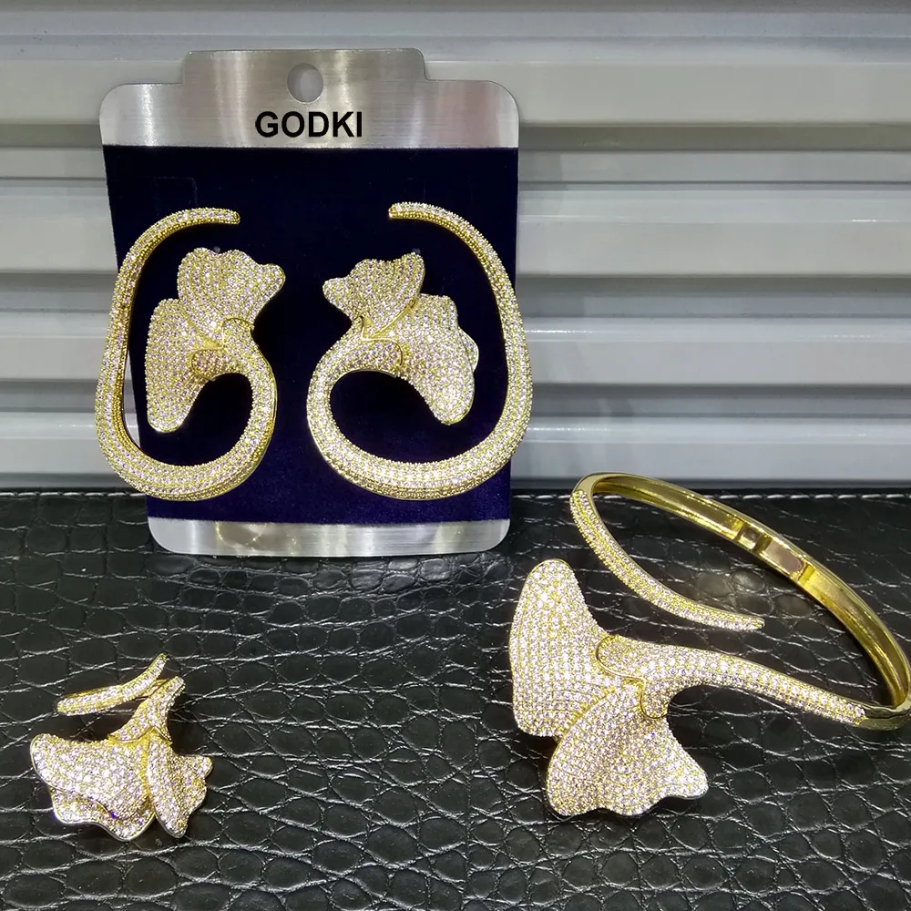 

GODKI Luxury Lotus Flower 3pcs Bangle Earring Ring Jewelry Sets For Women Wedding Cubic Zirconia Engagement Dubai Jewelry Sets