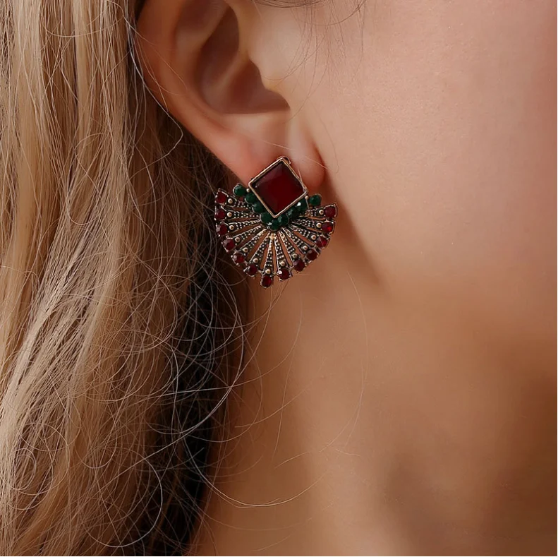 

Vintage Bohemian National Style Ruby Earrings Fan Shaped Crystal Stud Earrings