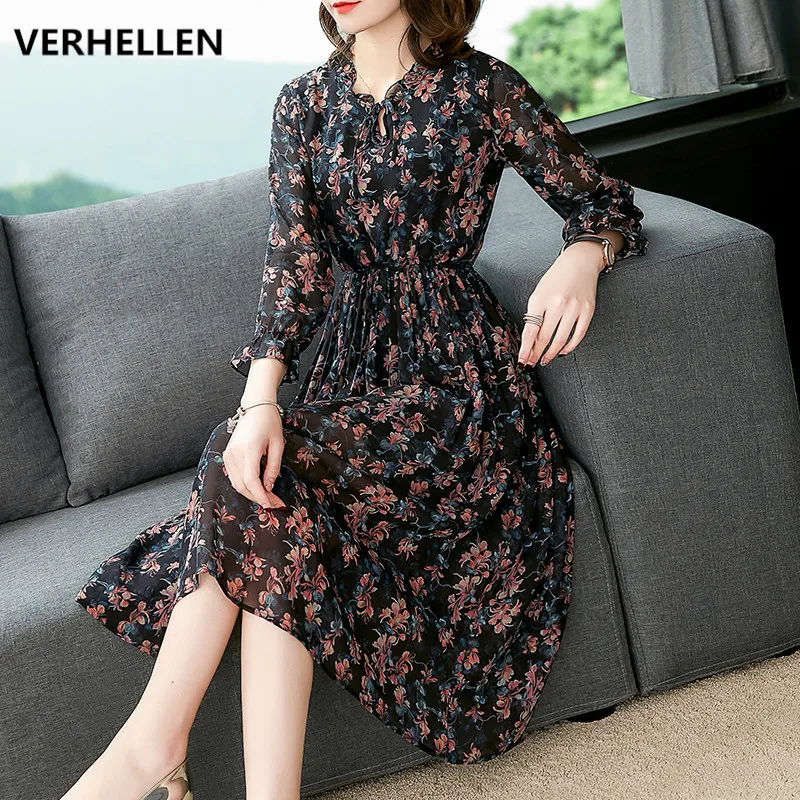

VERHELLEN High Quality Fashion Designer Runway Dress 2019 Spring and Summer Women's Long Sleeve V-Neck Silk Loose Casual Dresses