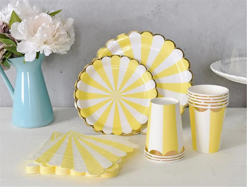 

8pcs Yellow with Gold Party Plates Party Tableware 7" 9" Paper Plates Wedding Birthday Baby Shower Dessert Table Party Supplies