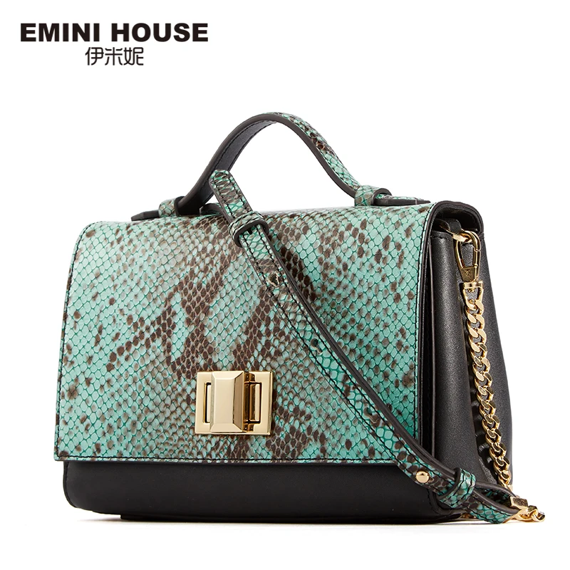 EMINI HOUSE Snakeskin Women Messenger Bag Genuine Leather Flap Bag