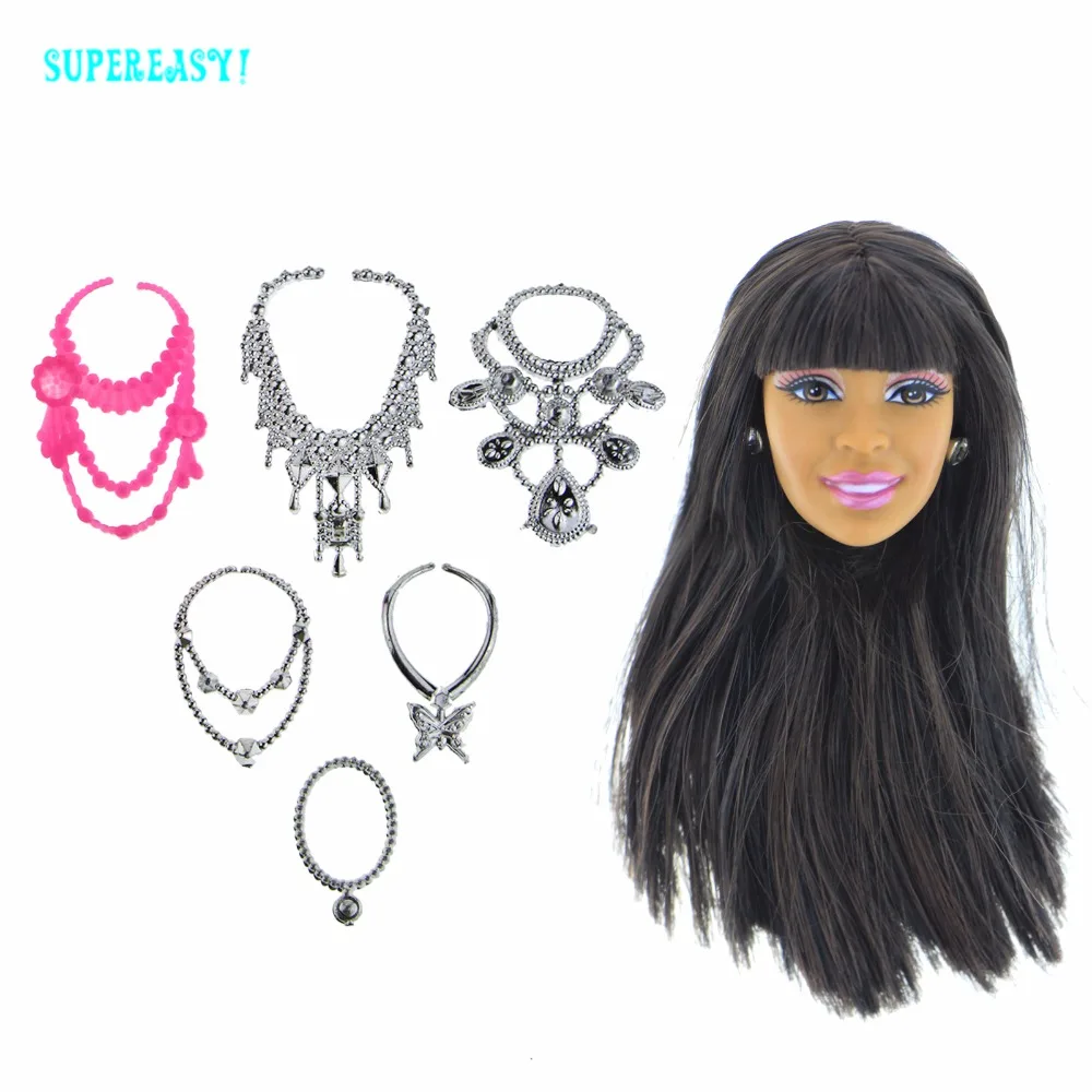 Высокое качество кукла голова Черный Длинные прямые волосы с металлическими сережками шт. + 6 шт. пластиковые цепи ожерелья Аксессуары для 12