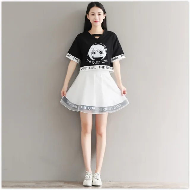 Japanese Mori College Girl Two Pieces Kawaii Crop & High Waist Mini Skirt  4