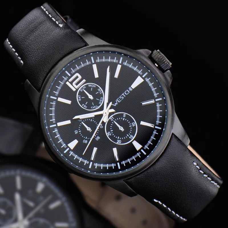 2016 hot sale top luxury brand WHESTCHI quartz sports genuine leather high qulity three dial watch