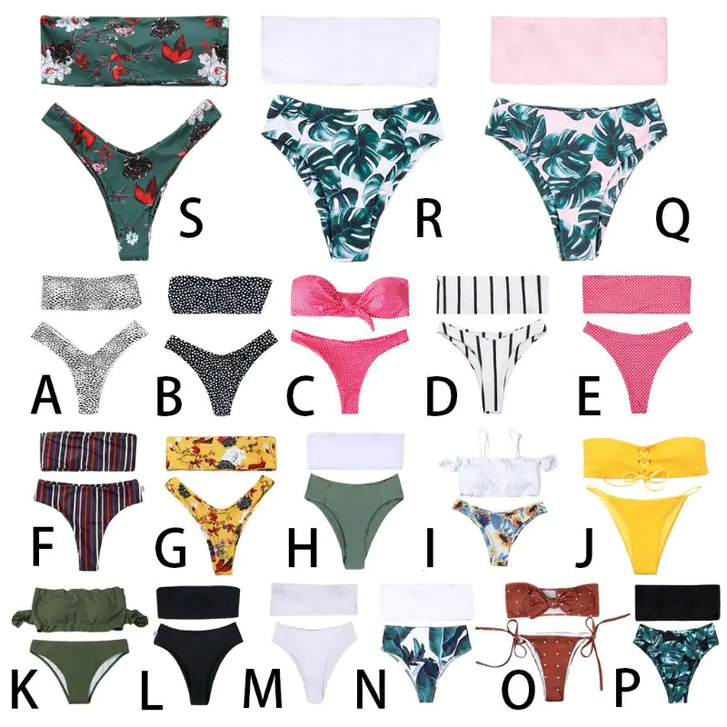 

19 Styles Off The Shoulder Strapless Bandeau Colorfed Bohemian Patterns Printed Swimsuit High Waist Thong Bathing Suit