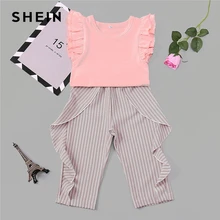 SHEIN/топ с оборками и штаны в полоску для малышей; комплект повседневной одежды для девочек-подростков; коллекция года; корейский модный костюм; детская одежда