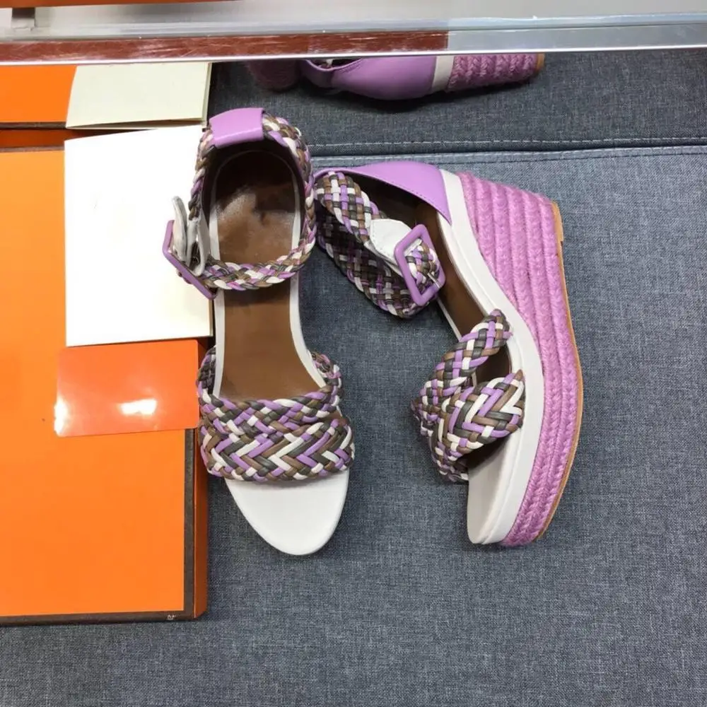 

2019 Shoes Woman Cow Leather Sandals High Heels Flat Platform Sandals Ankle Strap Hand Made Weave Rainbow Wedges Sandals Woman