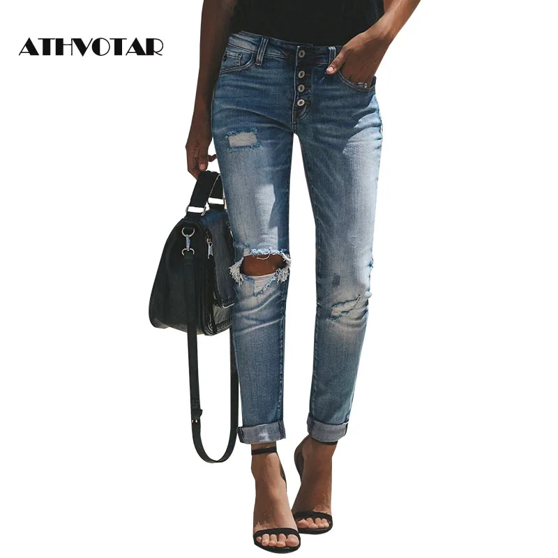 

ATHVOTAR Woman's jeans Women Denim Pencil Pants Mid Waist Jeans For Women Ripped Jeans For Women Blue Plus Size Skinny Jeans