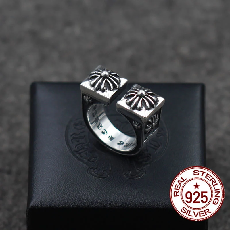 

s925 sterling silver men ring jewelry vintage personality unique U-shaped cross domineering punk style couple opening ring gift
