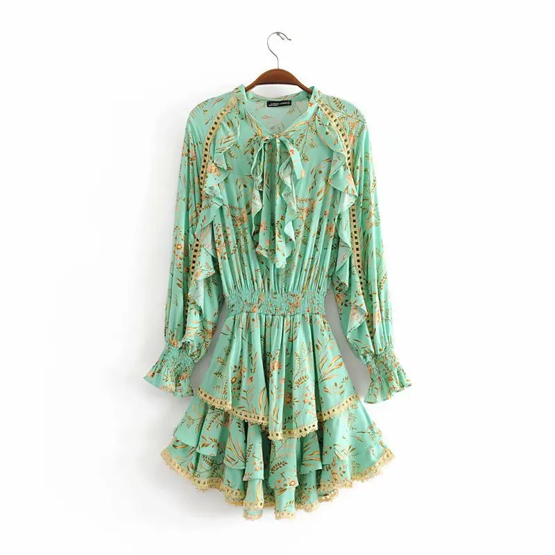 

2019 Women Sundress Turquoise Ruffled Elastic Waist Chic Lace Hollow Summer Vintage Dress Female Luxury Party Dresses