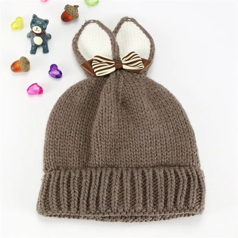 Детская шапка с бантиками и заячьими ушками, осенне-зимняя шапка для девочек и мальчиков, вязаные крючком шапки для мальчиков, вязаные эластичные шапки для малышей - Цвет: Dark brown