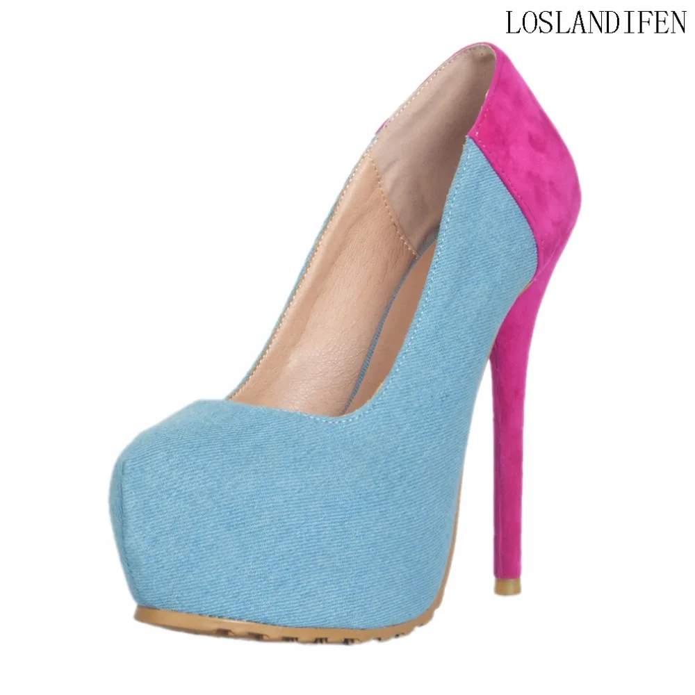 

Women Ladies Patchwork Handmade High Heel Pumps Demin Simple Slip-on Party Evening Back-to School Fashion Shoes A007