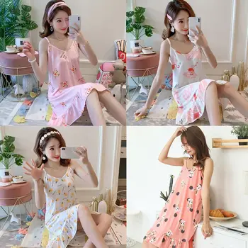 

Women Girls Summer Midi Loose Nightdress Spaghetti Straps Cute Cartoon Flamingo Pineapple Print Ruffled Sleepwear With Eye Mask