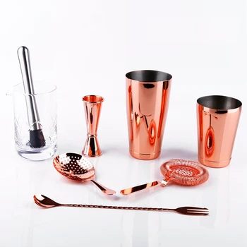 

Premium Copper Plated 8 Pieces Bartender Kit : Boston Shaker, Jigger, Hawthorne & Julep Strainer, Spoon, Muddler & Mixing Glass