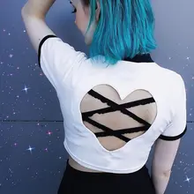 Womens Summer Short Sleeves O-Neck Crop Top Contrast Color Hollow Out Heart Shape T-Shirt Criss Cross Bandage Backless Pullover Womens Summer Short Sleeves O-Neck Crop Top Contrast Color Hollow Out Heart Shape T-Shirt Criss Cross Bandage Backless Pullover