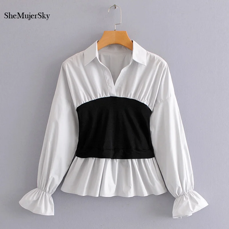 

SheMujerSky White Shirt Ruffle Blouses Long Flare Sleeve Elastic Waist Corset Design peplum Polka Dot Print Ladies Tops