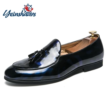 

YEINSHAARS Big Size 37-47 Men Slip On British Style Tassel Patent Leather Platform Men Loafers Thick Sole Men Driving Flats