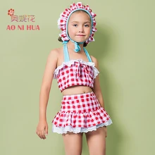 AONIHUA 3PCS Plaid Gingham bikini set with skirt cap Girls kids Summer Chic Lace swimsuit Children baby Halter Swimwear 2041 kids gingham blouse with pants