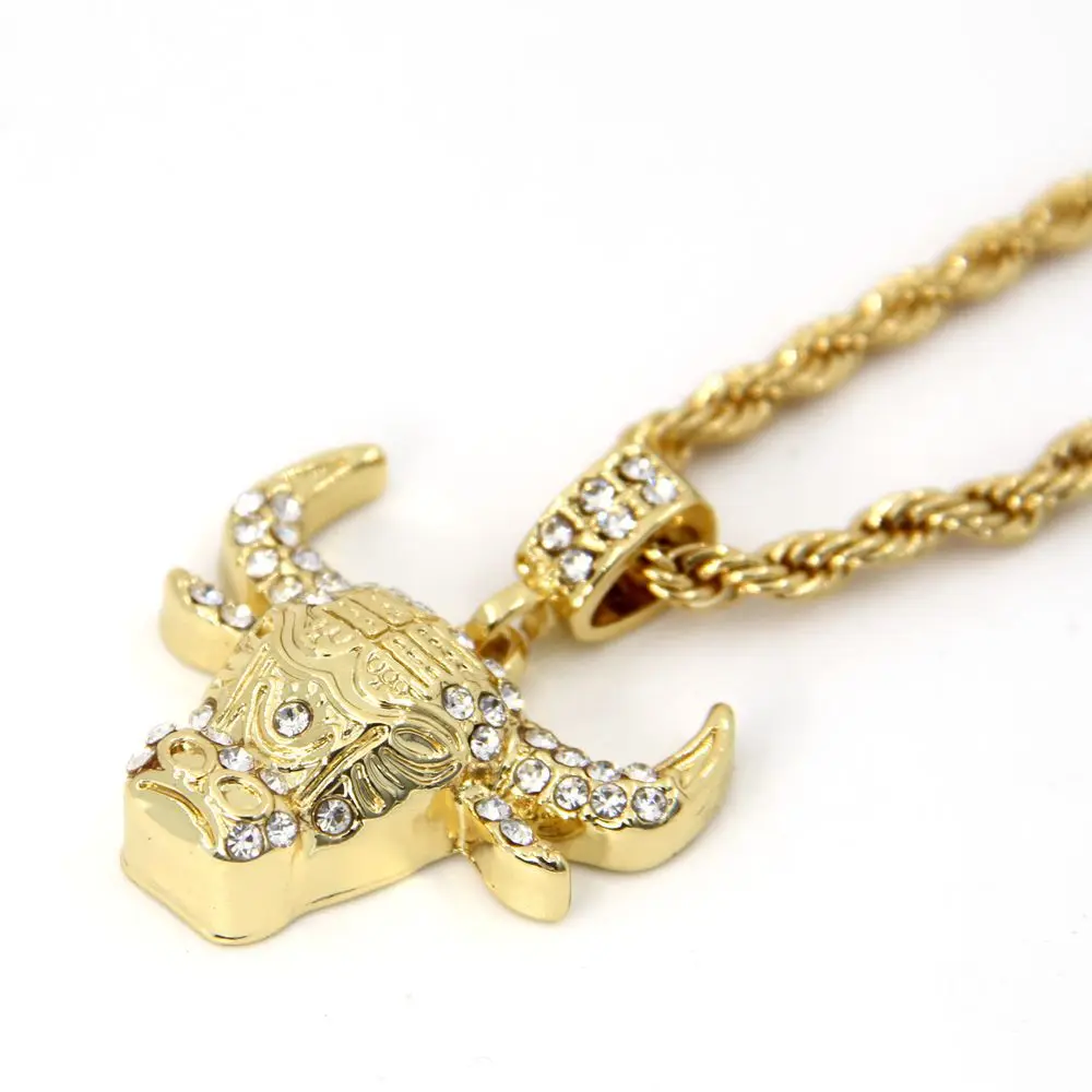 Mens Real Iced Out Bull Pendant with 4mm 24 inches Rope