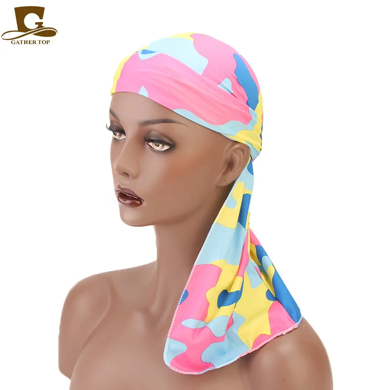 

New camo design Stretchable Long Tail Wide Straps Durag Du-RAG doo rag Biker Headwear Headband Pirate Hat Hair Accessories