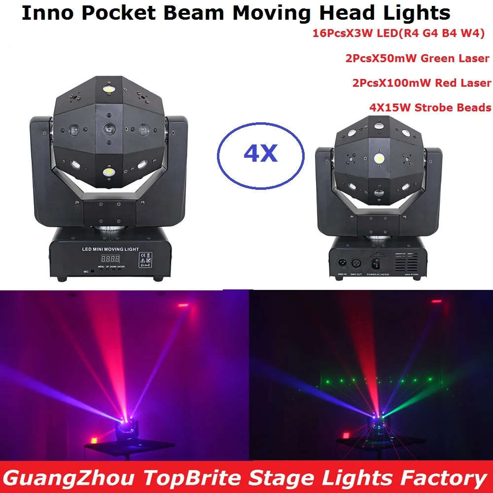 

4 Units 2018 New Arrival RGBW LED Stage Light Moving Head Beam Party Lights DMX512 Led Dj Xmas Strobe Lights With 300MW RG Laser
