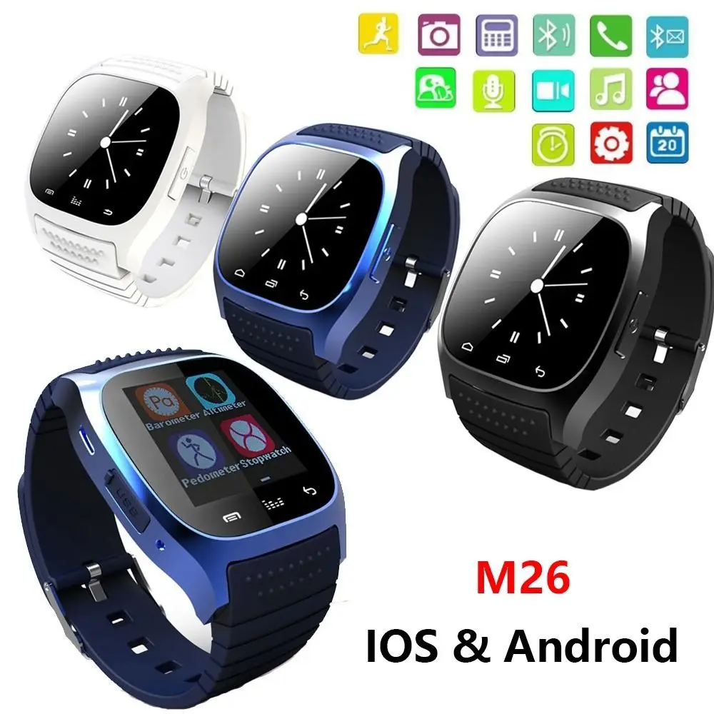 2016 New Waterproof font b Smartwatch b font M26 Bluetooth Smart Watch With LED Alitmeter Music