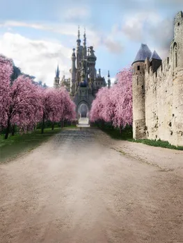 

Vintage Castle Photography Backdrop Outdoor Scenic Spring Pink Cherry Blossom Tree Digital Photo Shooting Background for Studio