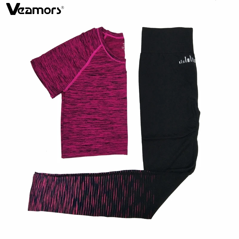 VEAMORS, комплект из 2 предметов для фитнеса, йоги, Быстросохнущий женский спортивный костюм для бега, Спортивная футболка, штаны для йоги, спортивный костюм для тренировок, комплект одежды