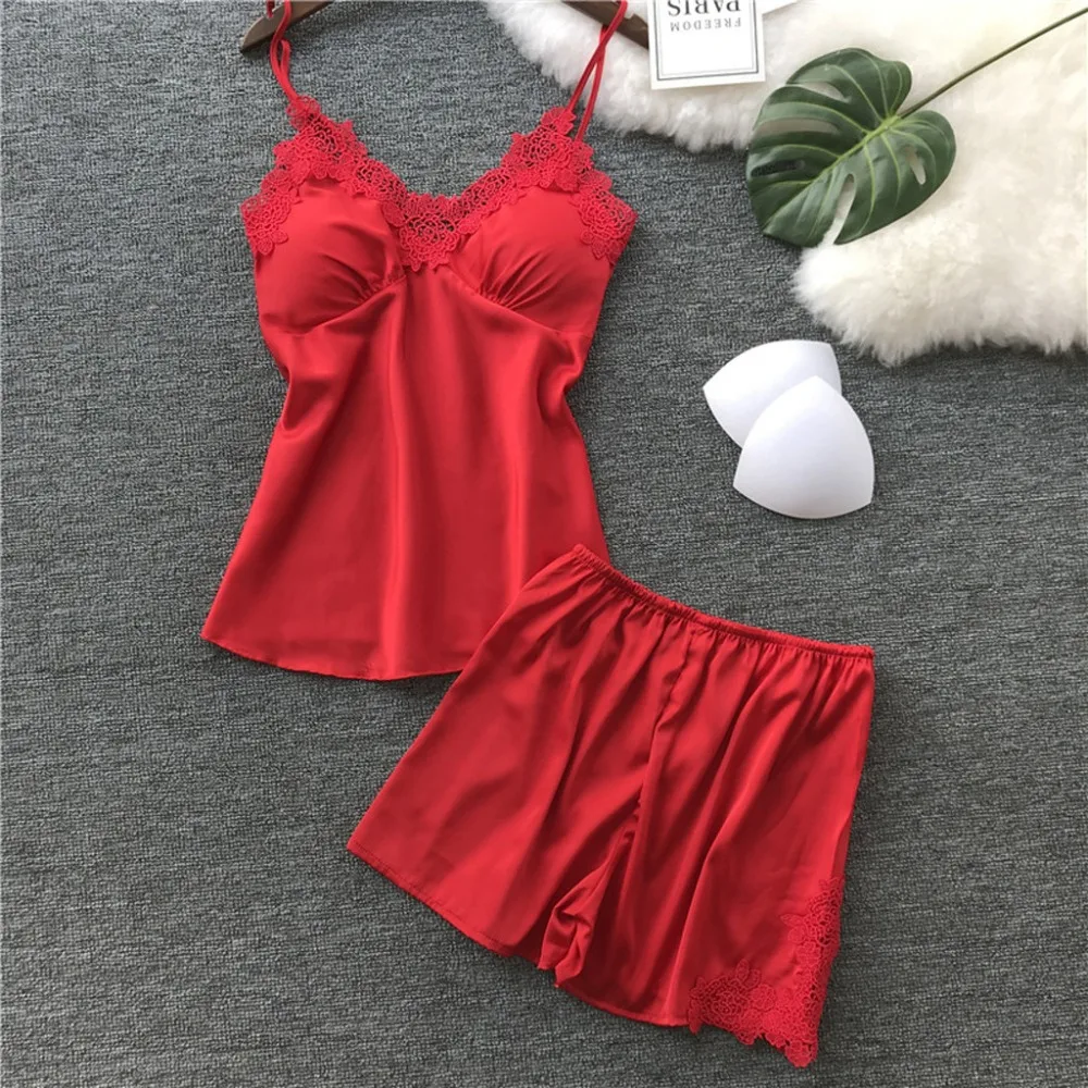 Lady Sexy Satin Night Robe Dress Lace Strap Shirt&Shorts 2PCS Sleep Suit Sleepwear Nightwear Sling Lingerie Underwear Set