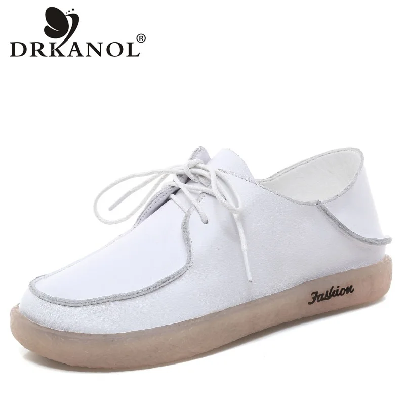 

DRKANOL Spring Shoes Women Flat Shoes Genuine Leather Soft Cow Muscle Soles Pregnant Woman Flats Casual Shoes Moccasins White
