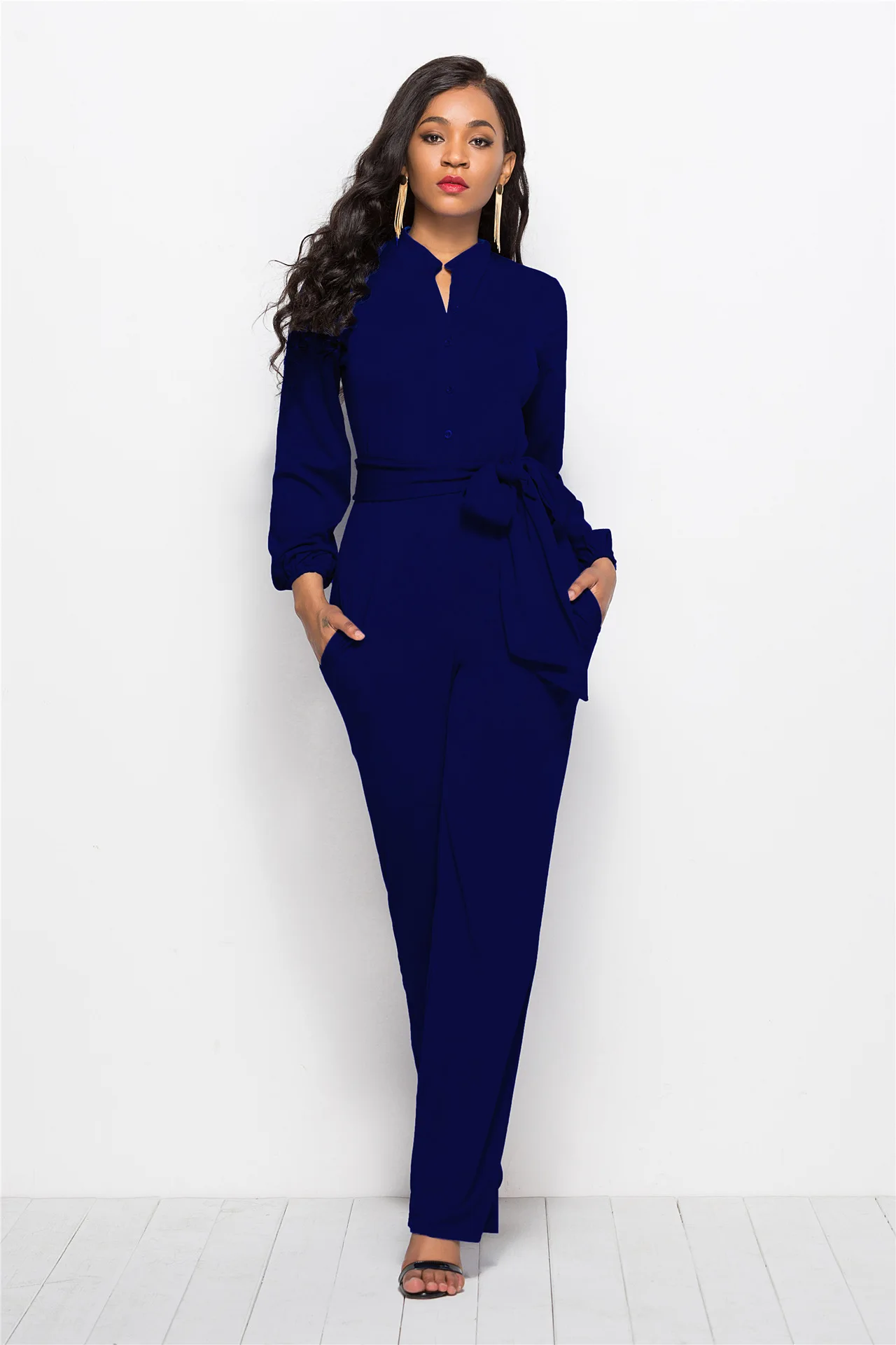 JuneLove, женские летние комбинезоны с поясом, комбинезон в официальном стиле, элегантные сексуальные широкие штаны, комбинезон, Комбинезоны - Цвет: Dark Blue