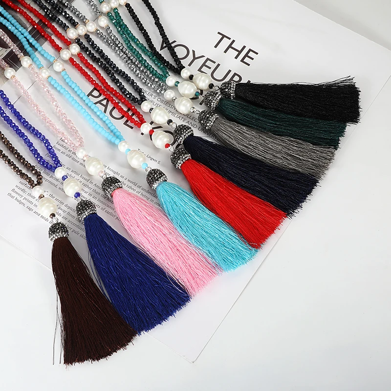 

LOVBEAFAS Fashion Bohemian Jewelry Tassel Long Necklace Women Crystal Beads Pearl Vintage Statement Handmade Fringe Necklace