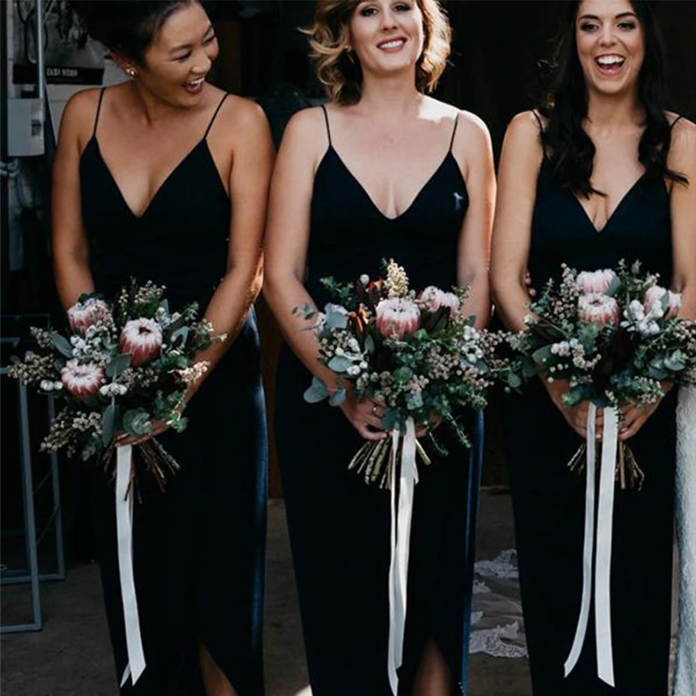 

Bbonlinedress Sheath Chiffon V Neckline Bridesmaid Dresses Long Sexy Spaghetti Straps Dark Navy Bridesmaid Dress With Split