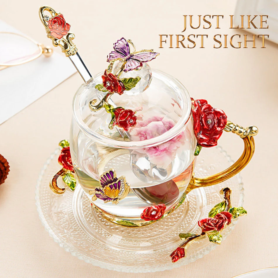 

Luxury Rose Glass Cup With Gift Box Bridesmaid Gift Enamel Glass Bottle With Spoon Lid Plate Drinkware