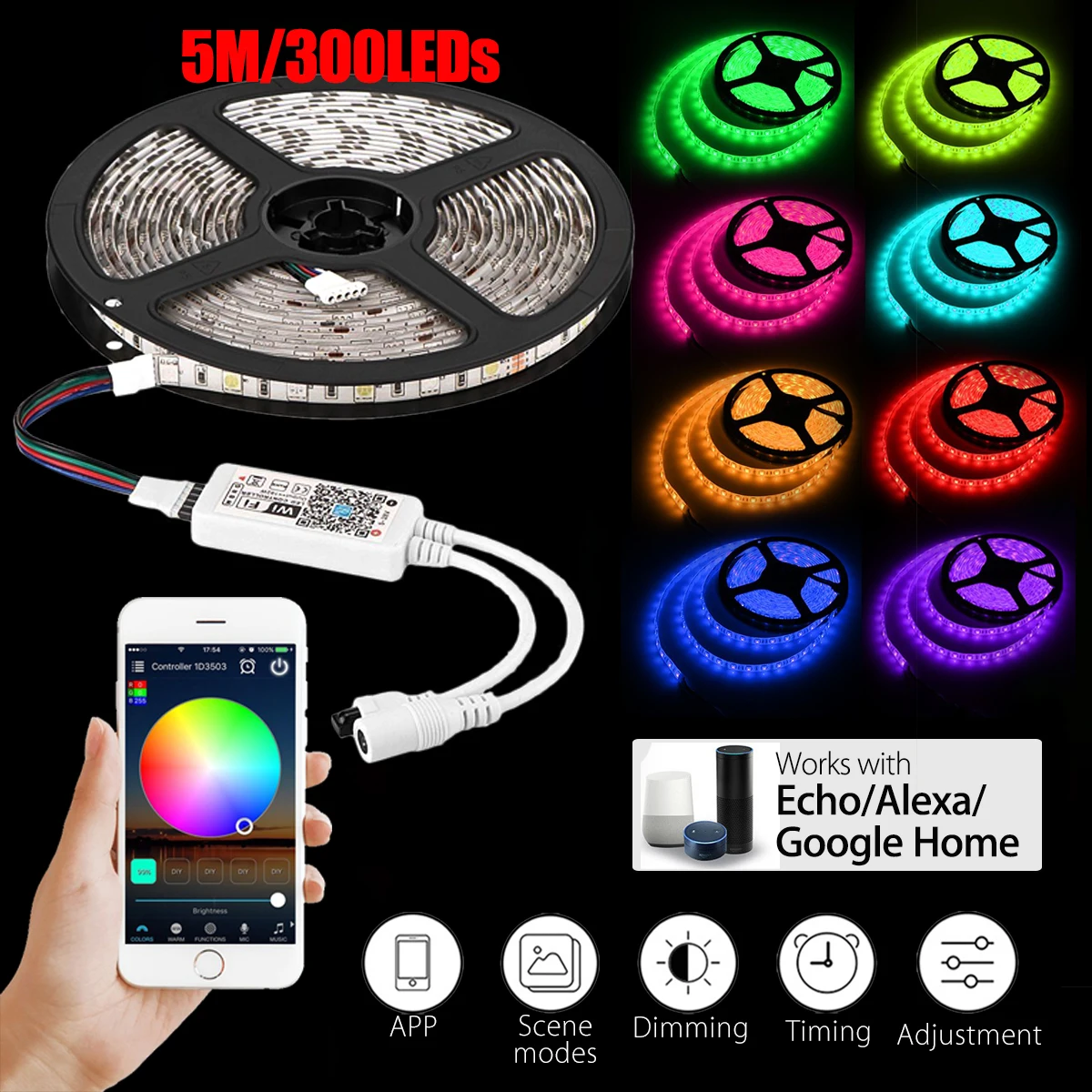 

Smuxi 5M/16.4Ft Smart Wifi 5050 RGB LED Strip Lights Waterproof Intelligent Remote Controller For Alexa Google Home
