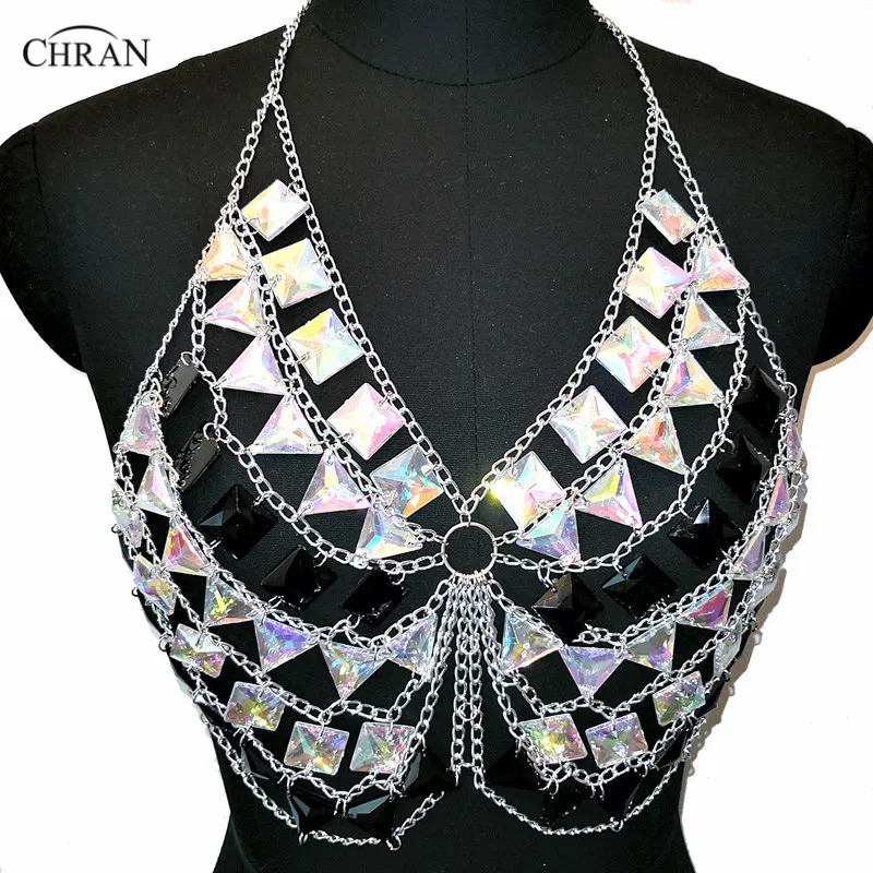 

Chran AB Irridescent Gem Stone Crop Top Disc Party Chain Necklace Rave Bra Bralete Lingerie Festival Costume Wear Jewelry CRS403