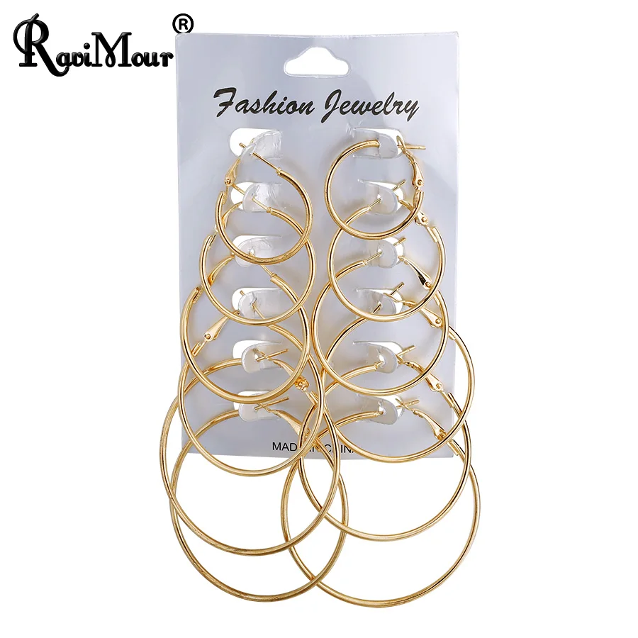 

RAVIMOUR Big 6 Pair/Set Gold Silver Color Circle Hoop Earrings Set for Women Punk Round Ear Jewelry Female Hanging Earing Party