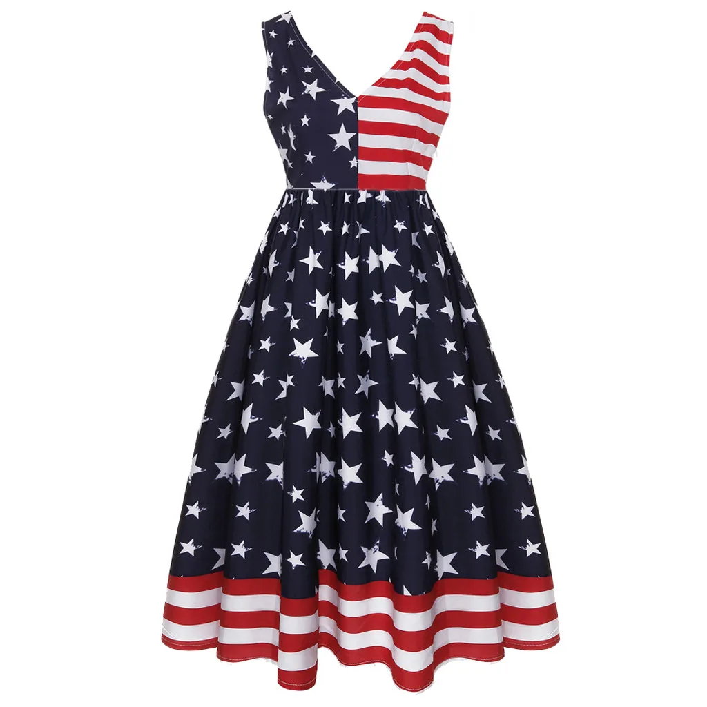 2019 Sukienki Вечерние платья женские винтажные Элегантные без рукавов с v-образным вырезом с принтом "американский флаг" вечеринка свинговое