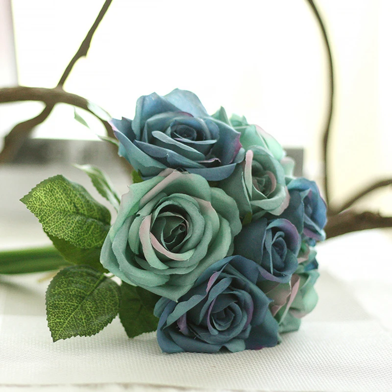Rose Flowers 6pcs Head+3pcs Bud Artificial Flower For Wedding Valentine's Day Party Bride Bouquet Silk Decorative Flower Rose Rose Flowers 6pcs Head+3pcs Bud Artificial Flower For Wedding Valentine's Day Party Bride Bouquet Silk Decorative Flower Rose