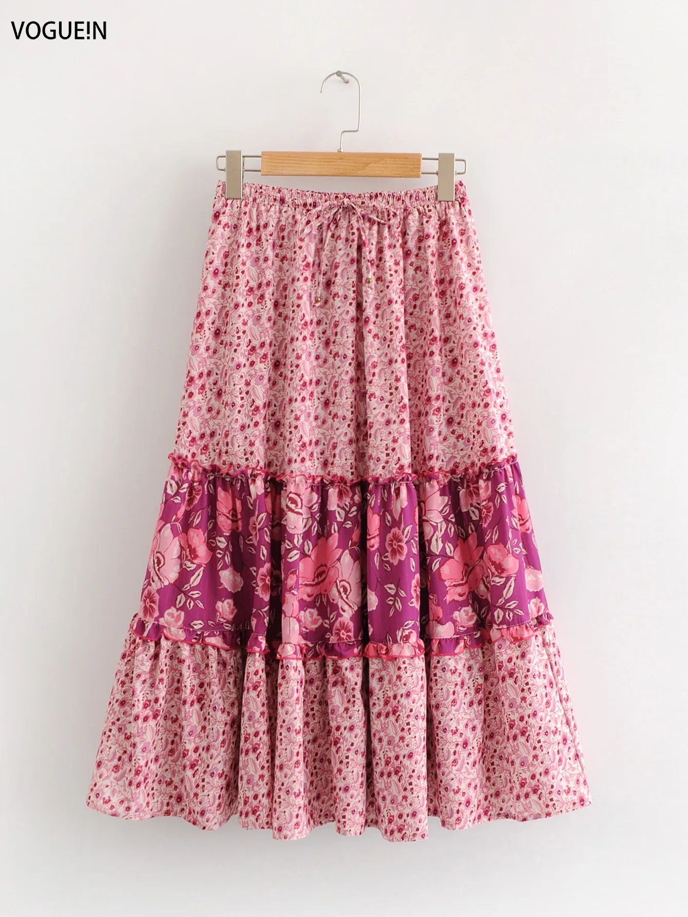 

VOGUEIN New Womens Vintage Summer Beach Floral Print Contract A-Line Midi Skirt Wholesale