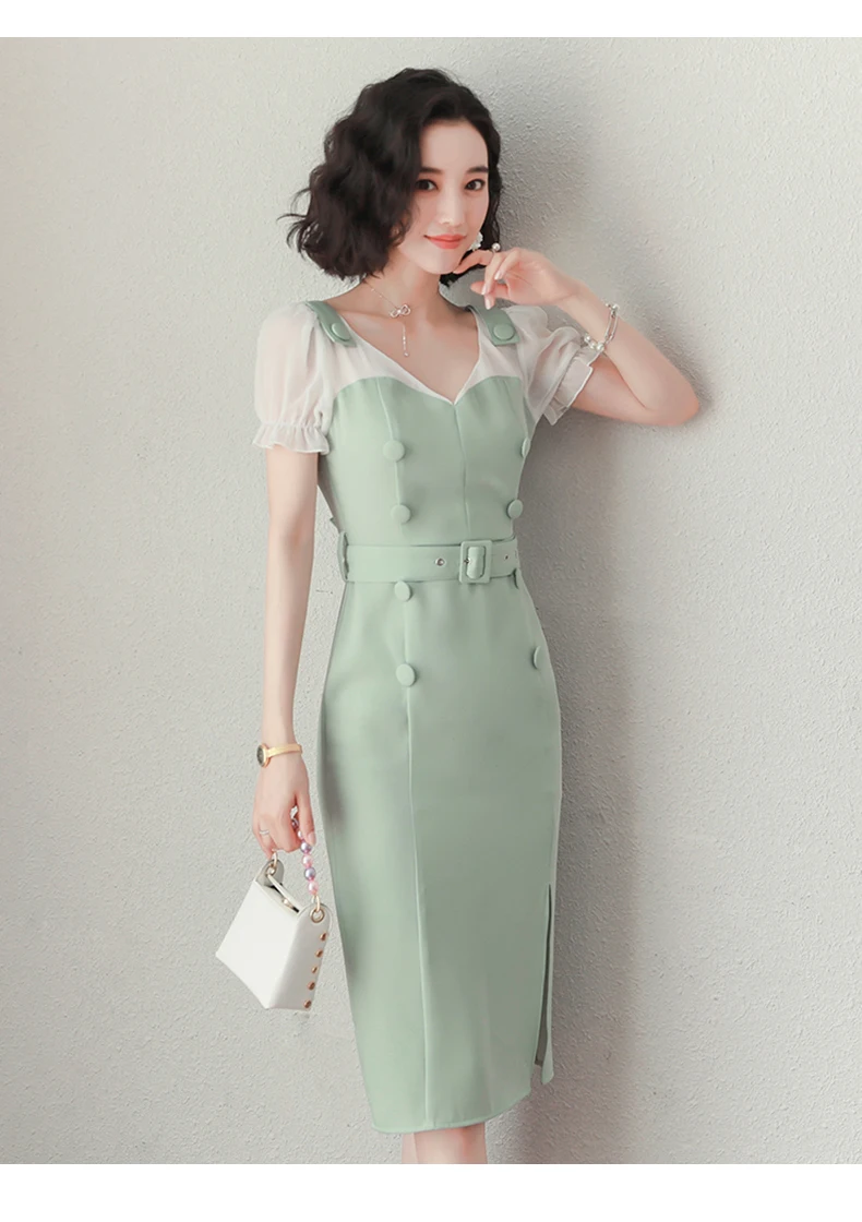 

Office Lady Workwear Pencil Dress Slim Waist OL Split Summer Dress Chiffon Short Sleeve Button Women Dresses