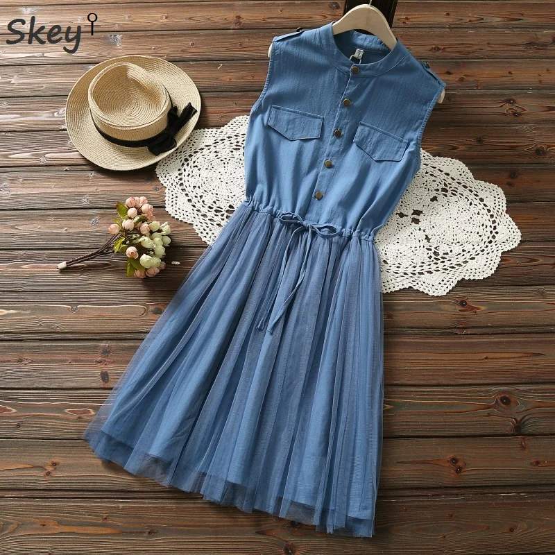

Summer Mesh Vintage Fake two Pieces Lace Dresses 2019 Casual Button Cowboys Elastc Waist A Line Dress Women Embroidery Stand Col