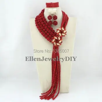

Fashionable Nigerian Wedding African Beads Bridal Jewelry Set Red Costume African Jewelry Sets Free Shipping WS5355