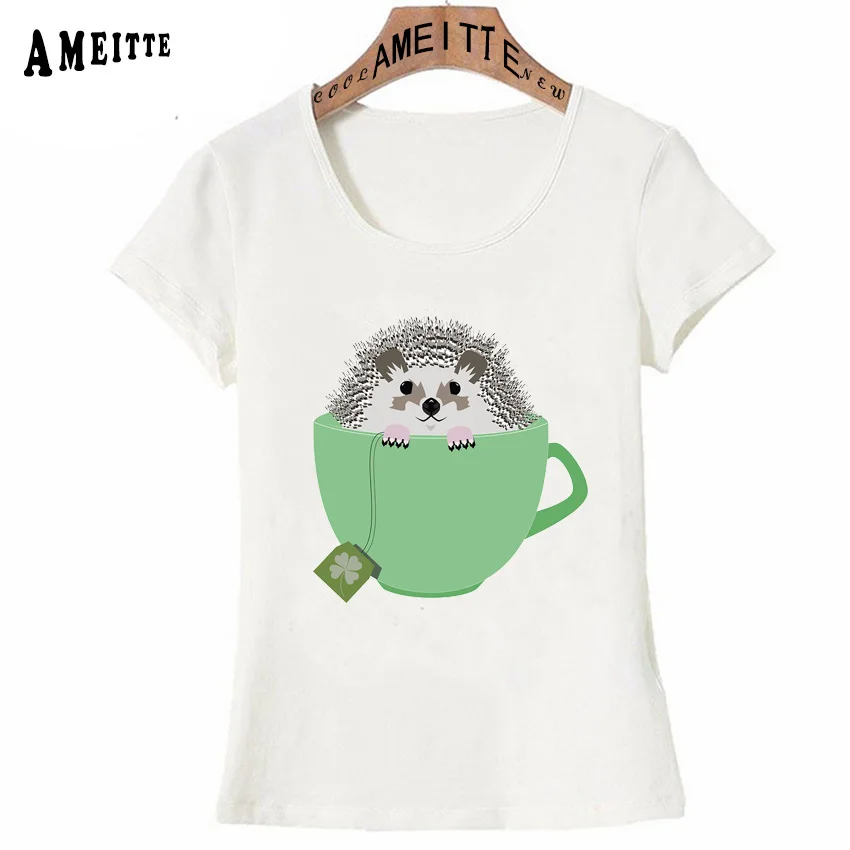

Spring Hedgehog In Tea Cup Print T-Shirt New Summer Fashion Women t-shirt Hedgehog Day Design Tops Tee Cute Girl Short Sleeve