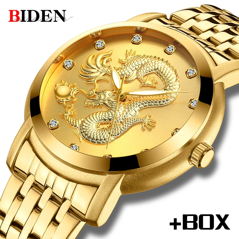 

BIDEN Luxury Brand 3D Gold Dragon Men Watch Unique Design Stainless Steel Quartz Watch Business Wristwatch Waterproof Watch Man