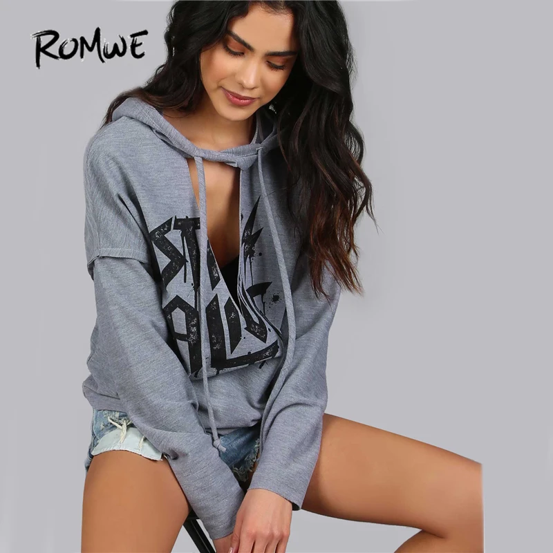  ROMWE Women Hoodies Sweatshirts Printed Distressed Cut Out Edgy Hoodie Autumn Grey V Neck Long Slee