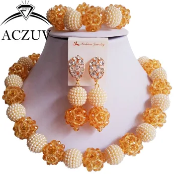 

Brand ACZUV 18inches Nigerian Wedding African Beads Jewelry Sets Gold Crystal and Plastic Pearl Dubai AN045