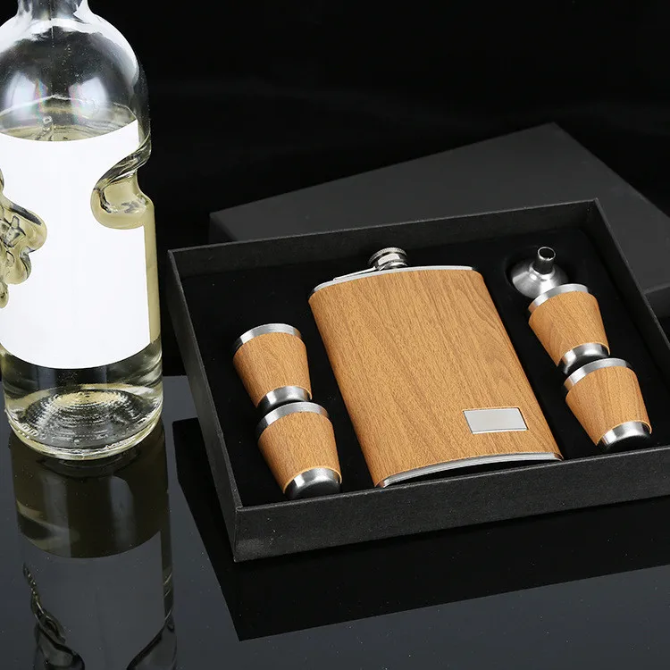 9 oz Wooden Hip Flask Set With 1 Funnel and 4 Cups Whiskey Wine Stainless Steel Flagon Bottle Travel Drinkware For Gifts images - 6