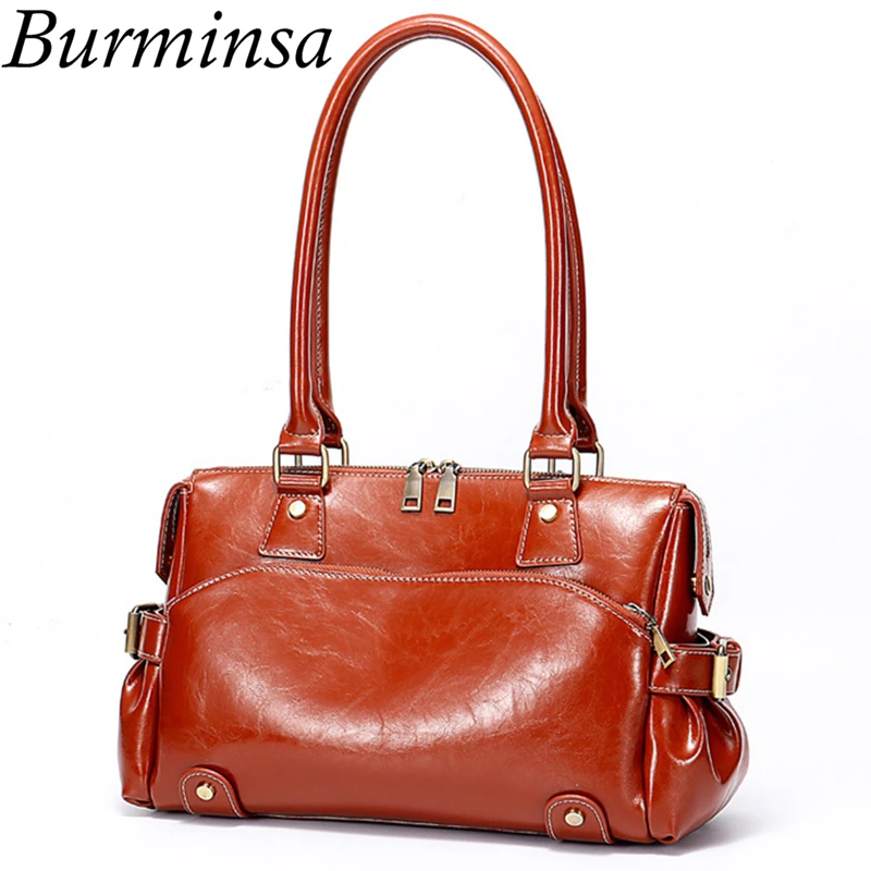 

Burminsa Autumn Ladies Genuine Leather Bags Female Shoulder Bags Vintage Oil Wax Leather Handbag High Quality Women Tote Bags