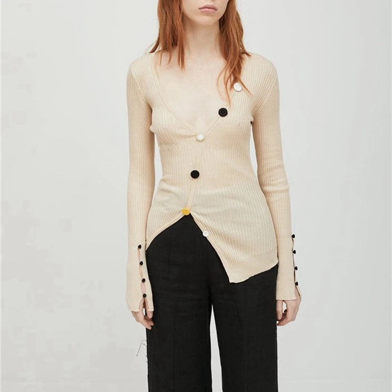 Asymmetrical Office Lady Sweater Women Autumn Jumper V Neck Knit Wear